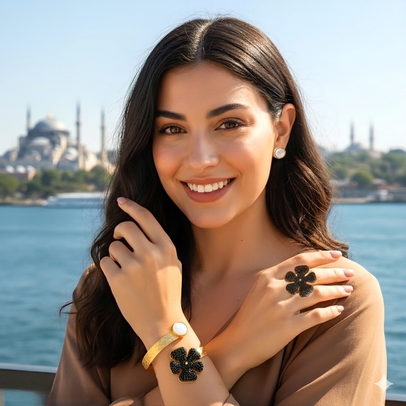 🆕️Turkish Artisanal Black Flower Set 18K Gold Plated Brass Statement Jewelry - Picture 8 of 15